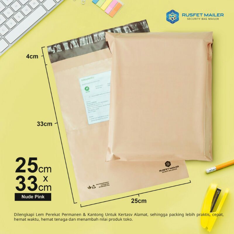 AMPLOP PLASTIK POLYMAILER NUDE PINK | ADA KANTONG ALAMAT 25*33cm