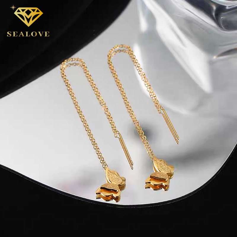 SEALOVE Anting Kupukupu Korea Titanium Panjang Anti Karat Lapis Emas 18K Aksesoris Wanita Anting Rumbai Perhiasan