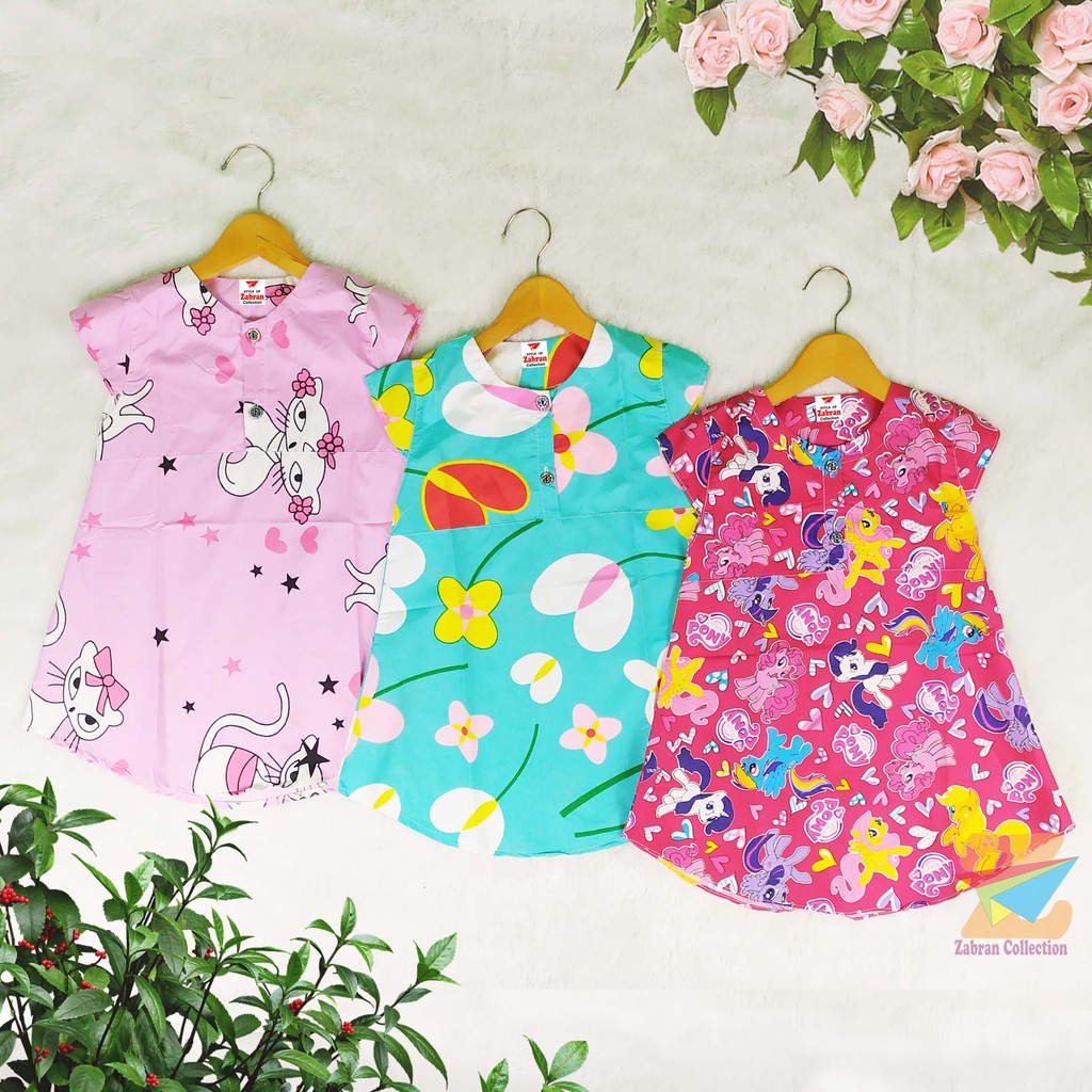 Isi 3 Dress Anak Kancing Depan Zabran 1 Sampai 6 Tahun/COD Bayar Di tempat