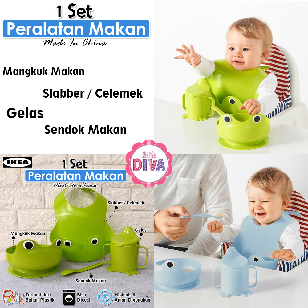 Alat Makan Bayi SET Peralatan Makan Bayi Silicon  - Mangkuk Slabber Celemek Gelas Sendok Pink Hijau Biru