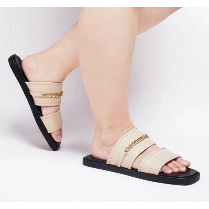 Sandal Big SIZE Woman Black Sendal Teplek Terbaru Ukuran Besar JUMBO Hitam Crocodile, 42