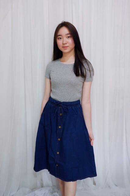 Rok Jeans wanita bahan denim kantong hidup panjang selutut bisa Cod