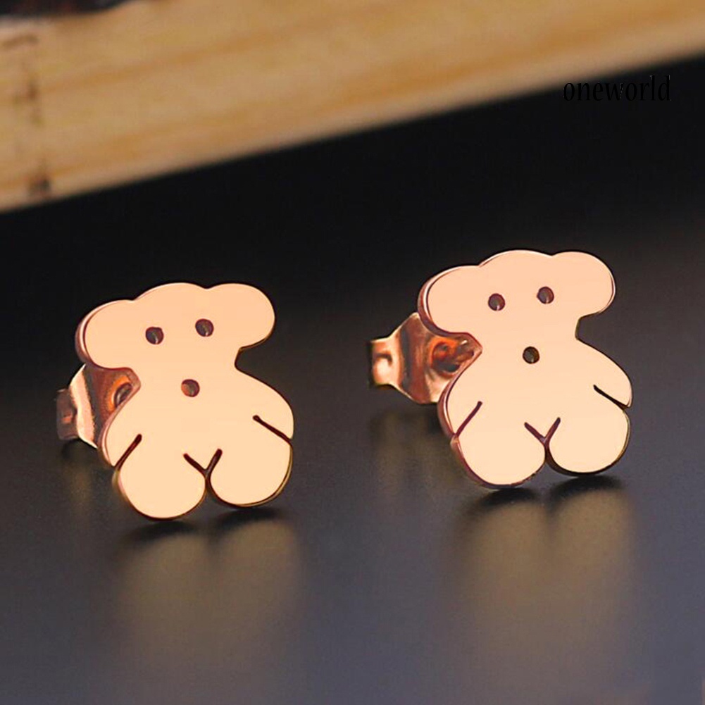 OW@ Women Cute Cartoon Mini Stainless Steel Bear Ear Stud Earrings Jewelry Gift