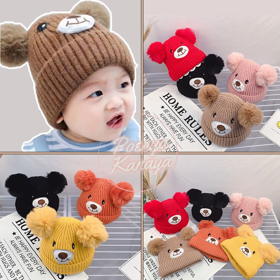 Topi Kupluk Bayi Rajut BERUANG TEMPEL Topi Rajut Pompom TP30