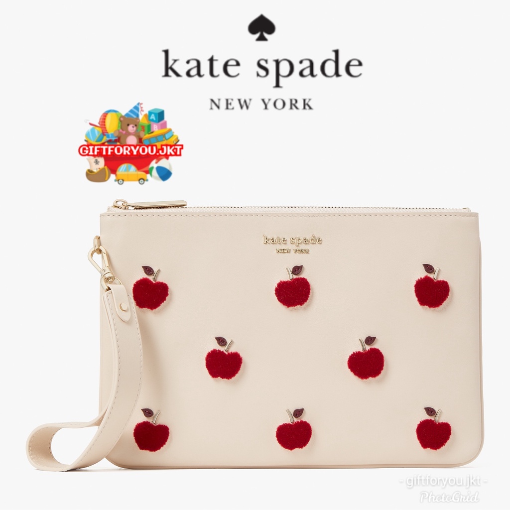 Kate Spade Apple Toss Flocked Pouch Wristlet Tas Wanita Premium Clutch Branded Collection Koleksi Gi