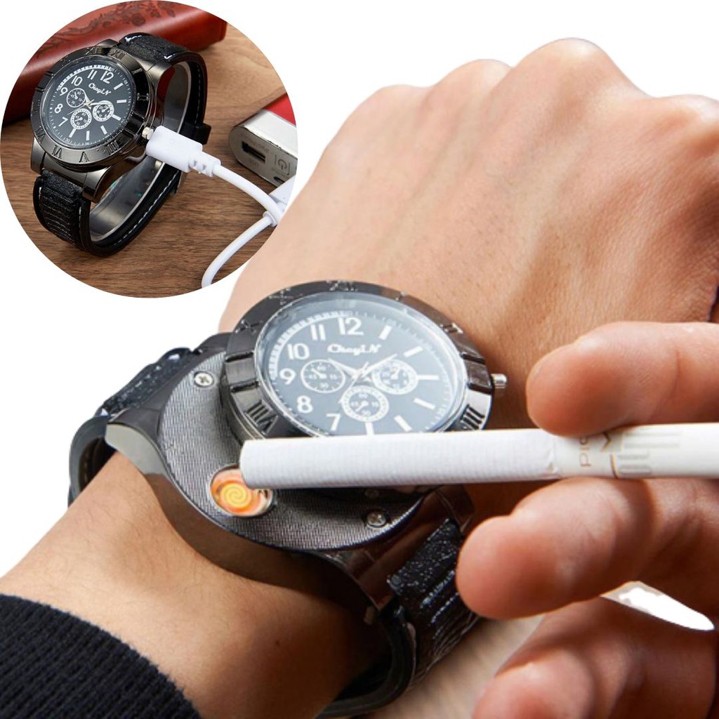 Premium (RRW) Jam Tangan Korek Lighter Elektrik USB Praktis Rokok Stylish Distributor Termurah