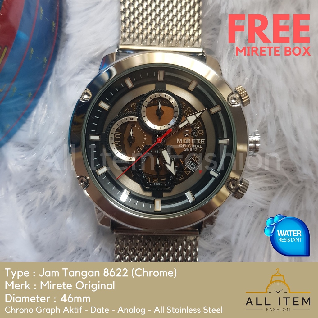 Jam Tangan Chrono Rantai Pasir MIRETE 8622 / Jam Tangan Pria Anti Air ORI / Arloji (FREE BOX)