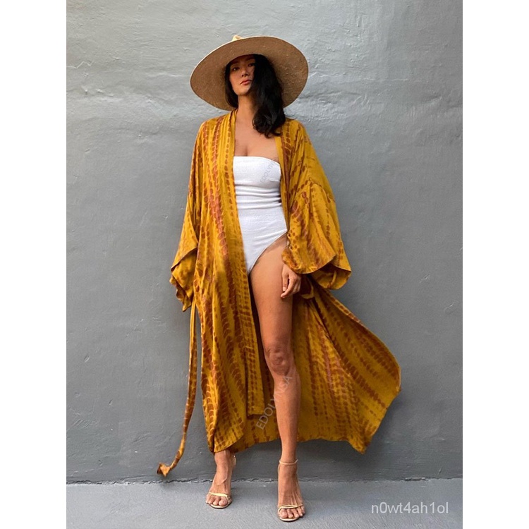 Blue Bohemian Tie dye Striped Long Tunic Sexy Kimono Dress Spring/Autumn Women Plus Size Beach Wear
