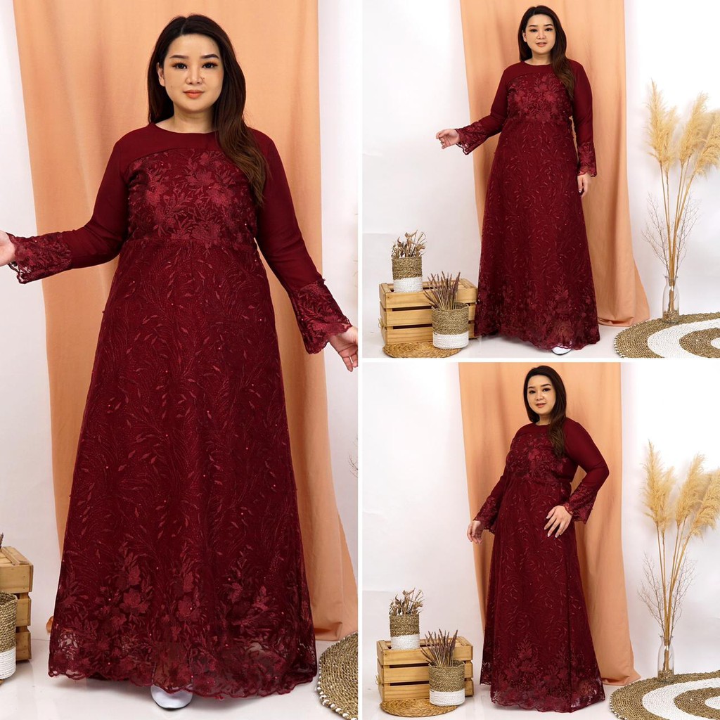 (Ada RealPict) GAUN GAMIS MARWAH TILLE TULLE BORDIR MUTIARA PREMIUM MAXI LEBARAN MUSLIM LONG DRESS