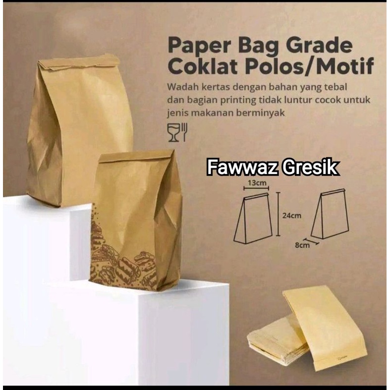 Kantong Kertas Paper Bag 13x25x8 cm Grade Coklat Kraft Putih Polos isi 100 / Kertas Makanan / Kantong Gorengan / Kertas Roti / Kertas Ayam PokPok