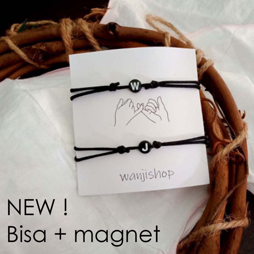 Gelang Couple Nama Mote INISIAL BULAT HITAM SATIN Tali Cina Custom Magnet