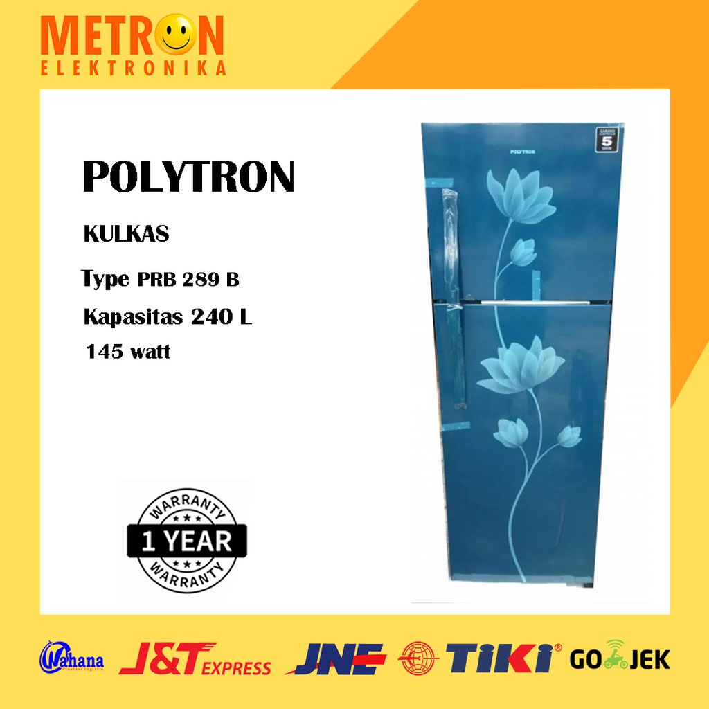 POLYTRON PRB 289 B KULKAS 2 PINTU 240 LITER / BLUE / RAK TEMPERED GLASS / PRB289B