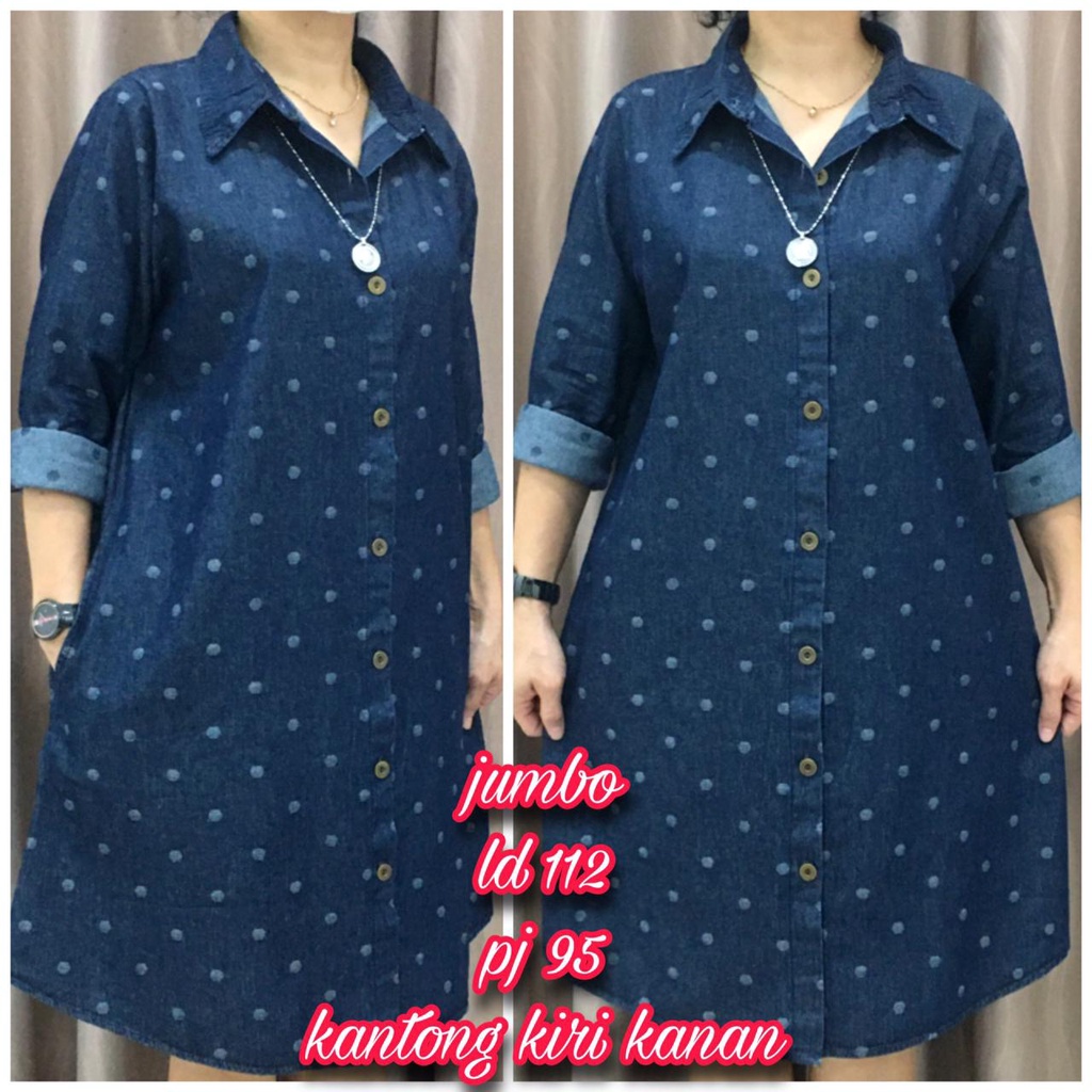 Dress tunik jeans model kancing terbuka, motif polkadot, jumbo ld112 pj95, ada saku, lengan panjang