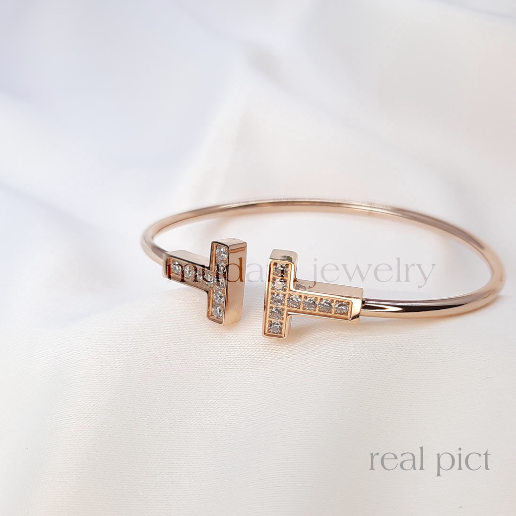 Gelang Lentur Bentuk T Double Dengan Diamonds Artifisial Warna Rose Gold, Gold dan Silver