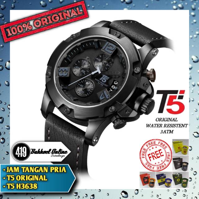Jam tangan pria cowok T5 original H3638 tali kulit Full Black