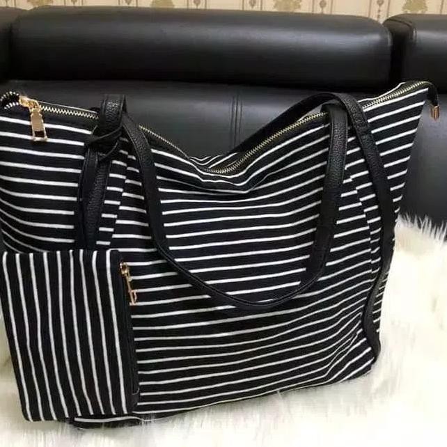 K62 tas nylon tote bag / tas stripe nylon tote bag / tas strip tote bag / tas awkarin .