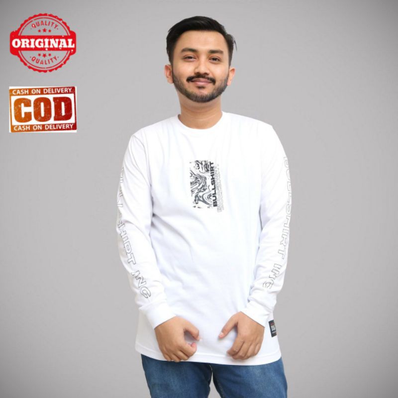 KAOS LENGAN PANJANG PRIA COWO CEWE ORIGINAL DISTRO CLOTHING BULLSHIRT SIMPLE PUTIH