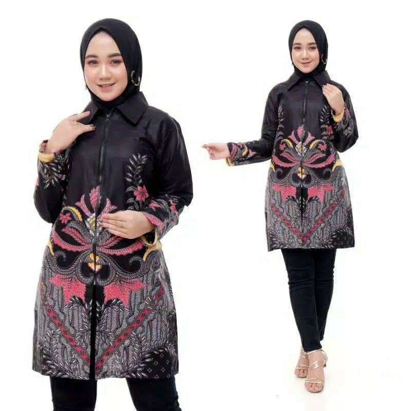 Pakaian Wanita Tunik Batik Resleting Depan Size M L Xl_atasan Wanita_sragam Kantor