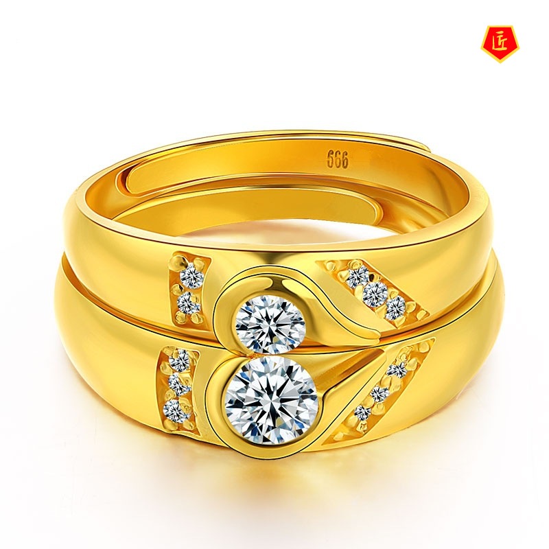 [Ready Stock]Heart-Shaped Inlaid Diamond Gold Couple Ring