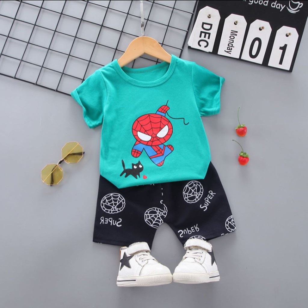 Spidey &amp; Cat Suit Setelan Baju Anak Import Baju setelan kaos celana pergi jalan fashion murah bagus