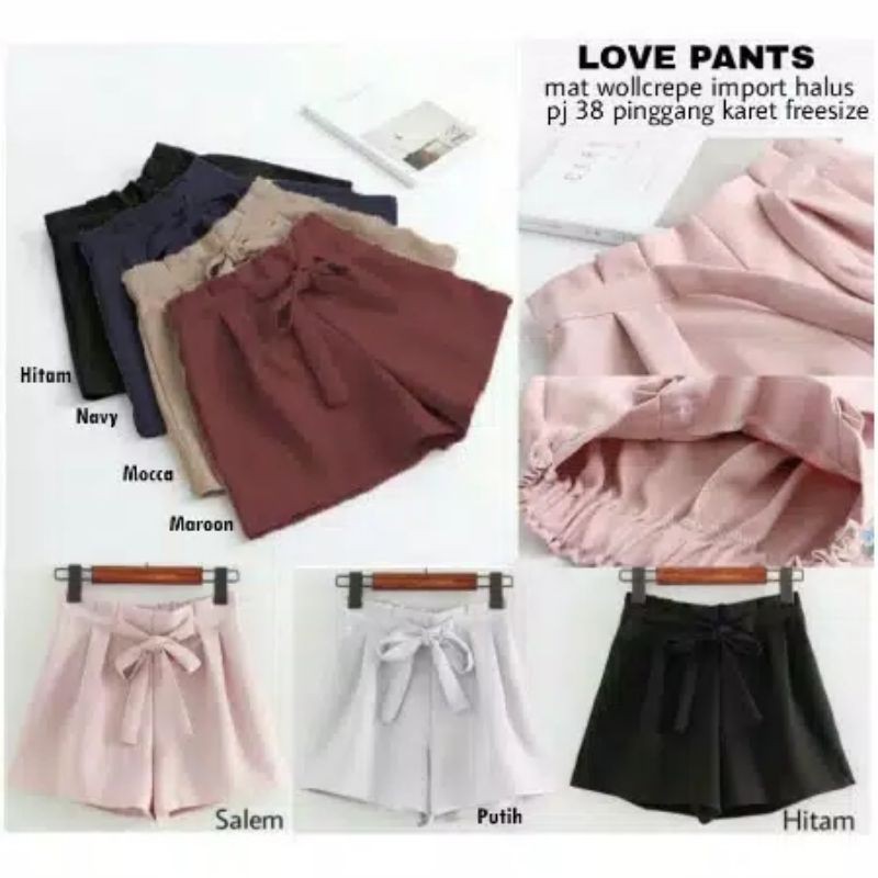 LOVE PANTS | CELANA PENDEK BAHAN MOSCREPE | TALI HIDUP PINGGANG KARET