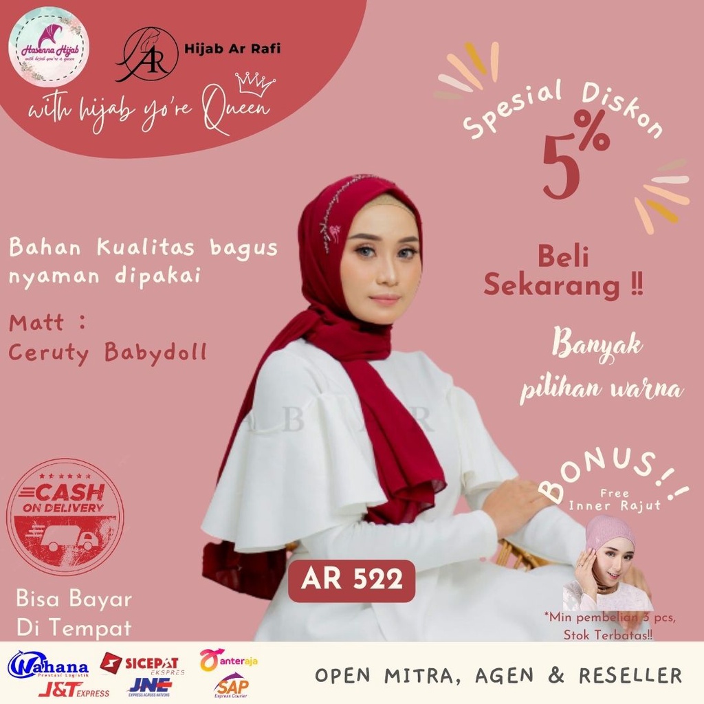 Arrafi Hijab Terbaru AR 522 Pashmina Instan Payet Non Pet