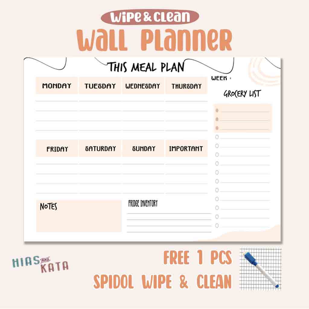 

meal planner board weekly meal planner aesthentic size A3 ( free 1pcs spidol wipe & clean)
