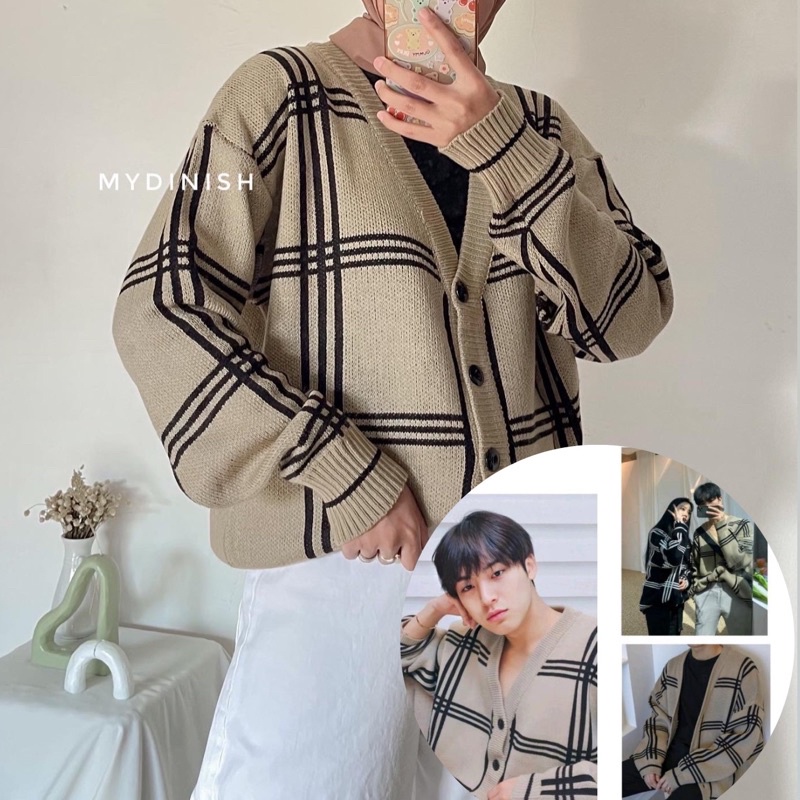 Moola Cardy Korea Unisex Rajut - Cardigan Wanita Pria Oversize Motif Kotak