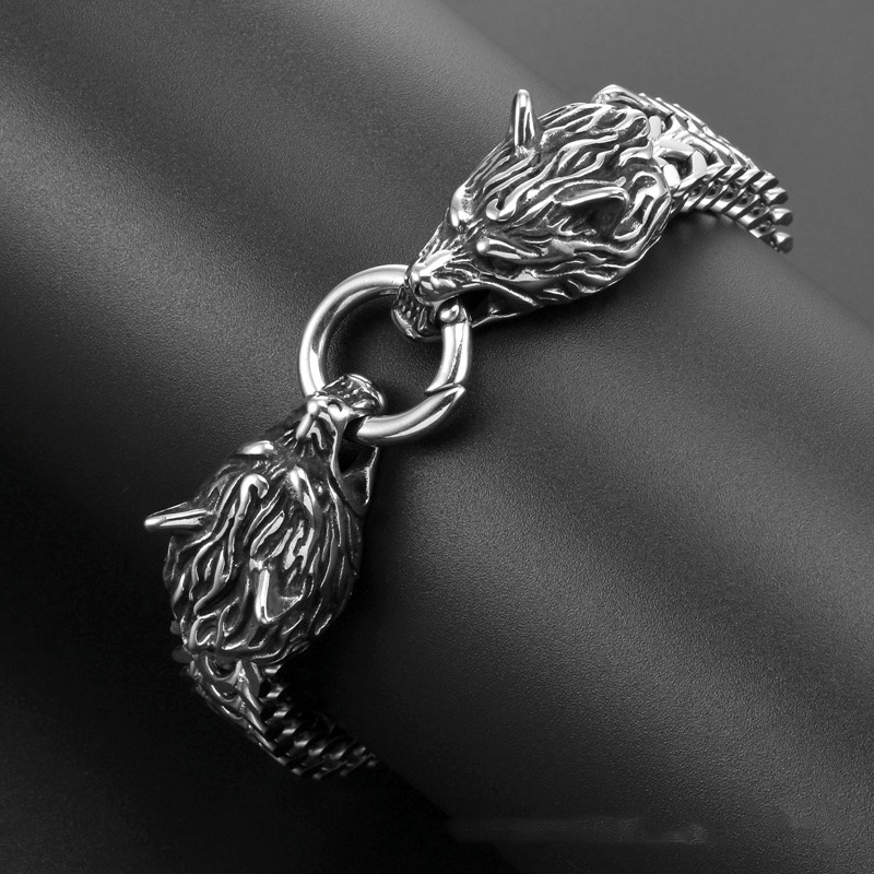 Gelang Desain Kepala Serigala Bahan Stainless Steel Gaya Nordic Retro Punk Untuk Pria