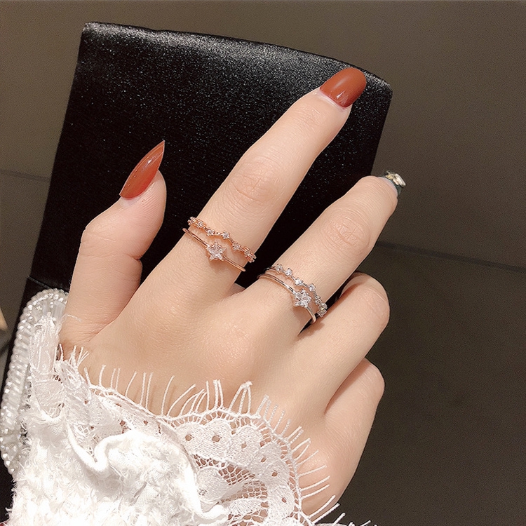 2021 Cincin Silver Multi Layer Adjustable Desain Bintang Hias Kristal Berkilau Untuk Wanita