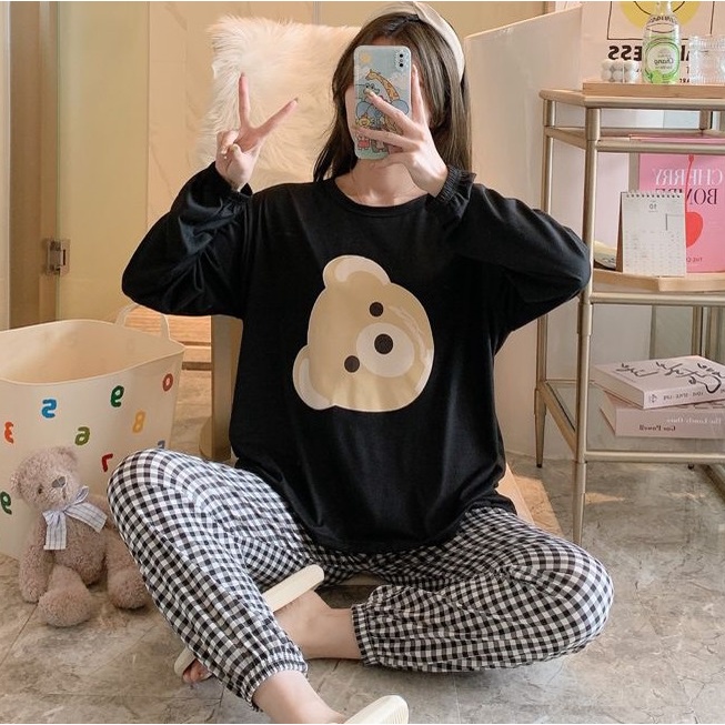 AJW Shop Setelan Wanita Import Joger | Setelan Baju Tidur Wanita | Piyama Wanita-Bear Black