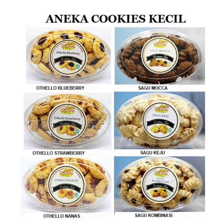 

Cookies Kue Kering Lebaran Toples Kecil Wonder Bakery Aneka Varian (Lidah Kucing / Kastangel / Othello / Sagu / Putri Salju / Nastar / Choco Cookies)