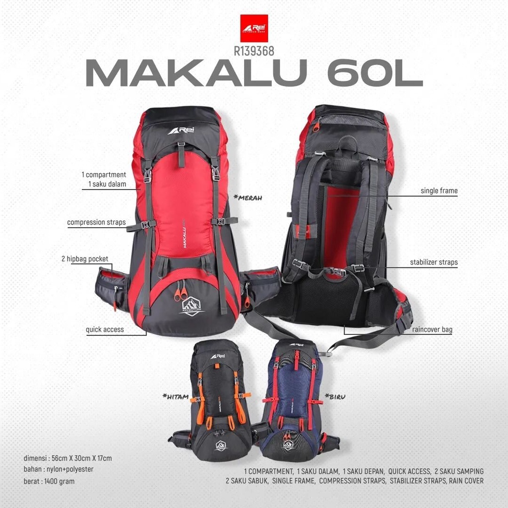 TAS CARRIER AREI MAKALU 60L ORIGINAL FREE COVERBAG | RANSEL GUNUNG 60 L | KERIR REI OUTDOOR 60 LITER