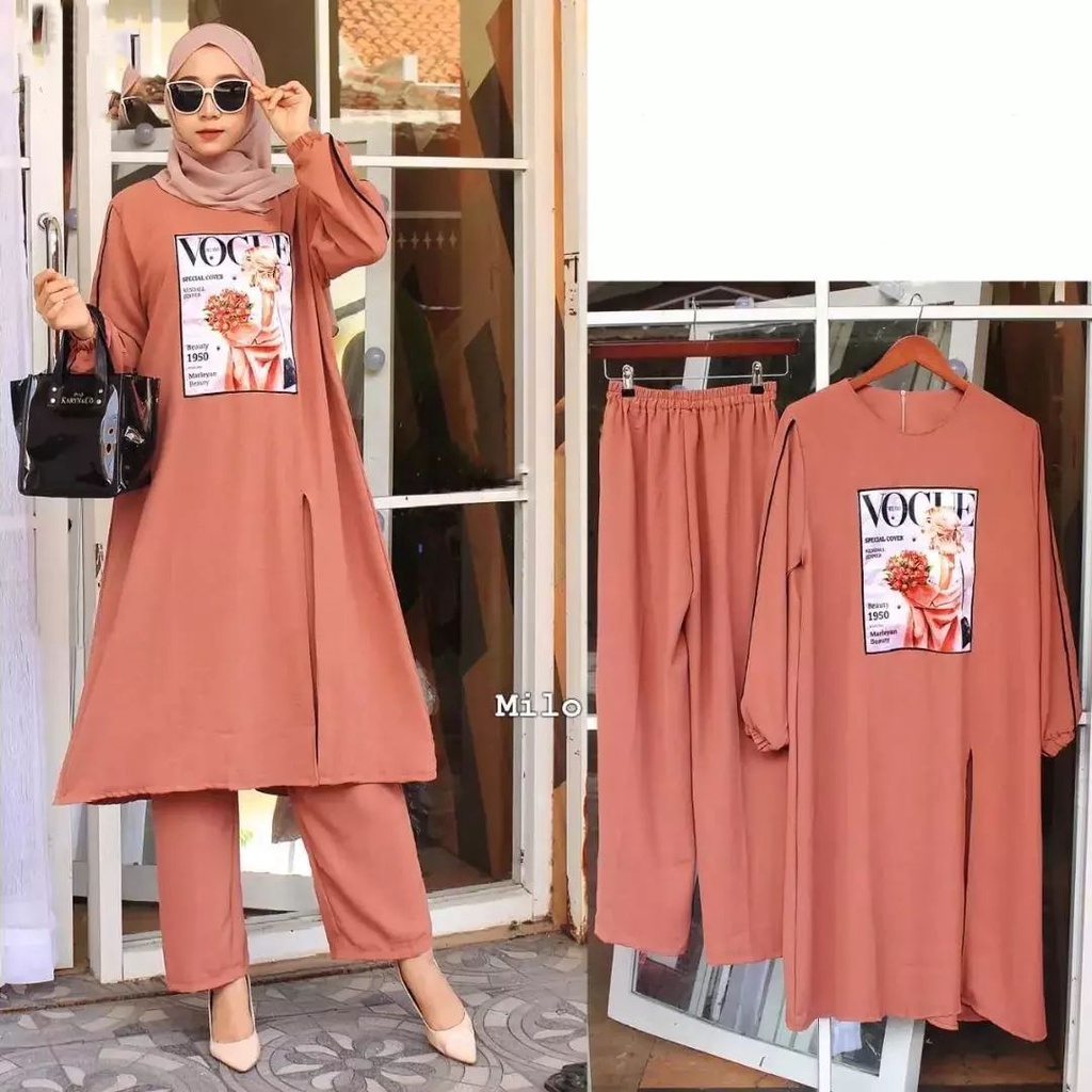 Virgia Set Stelan tunik wanita muslimah bahan Crinkle Fashion wanita muslimah terbaru