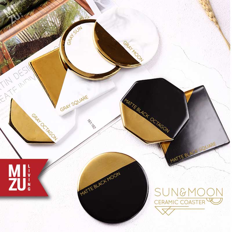 SUN &amp; MOON Ceramic Coaster Marble Motif Gold-Plated Rim Tatakan Gelas Keramik Marmer Sepuh Emas