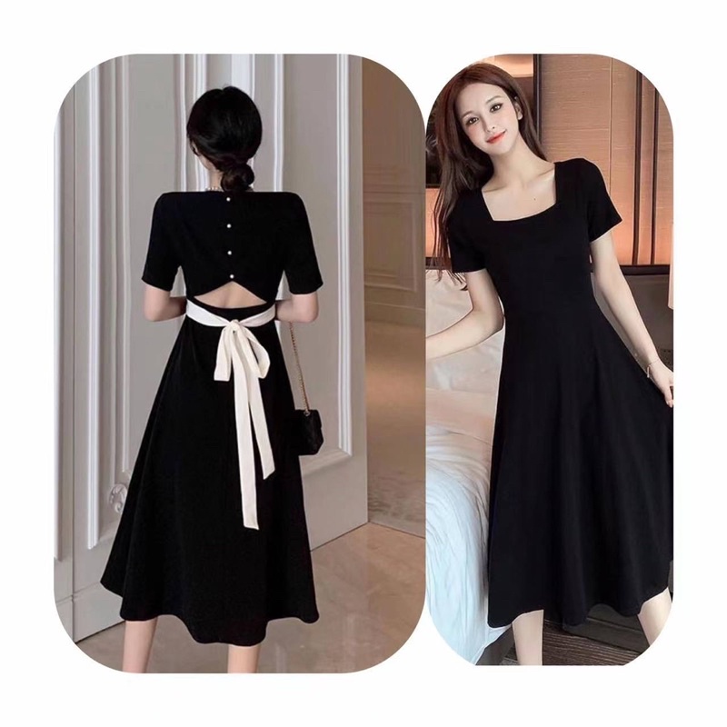 H7 D22/258 Square neck dress / backless dress / Dress midi lengan pendek leher kotak elegant