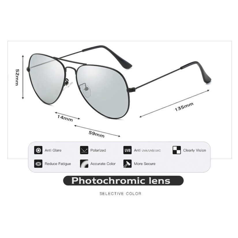 Kacamata Hitam Pria Wanita Sunglass fotosensitif berubah warna Retro Photocromic Anti UV Siang Malam