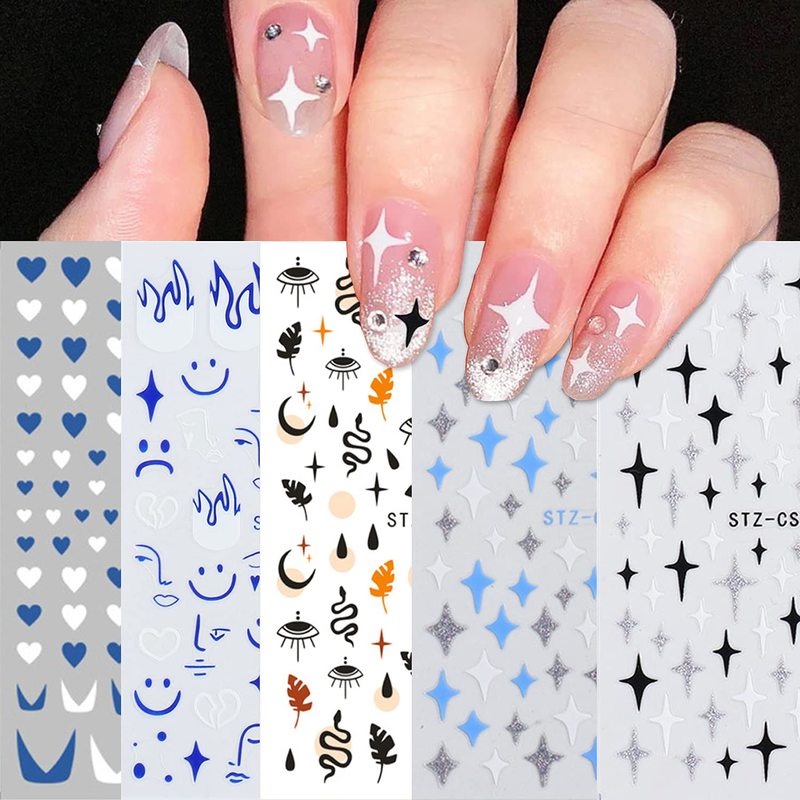 1 Lembar / Pak Stiker Kuku 3d Transfer Air Motif Ular Hitam / Bintang / Daun / Api Untuk Dekorasi Nail Art Diy