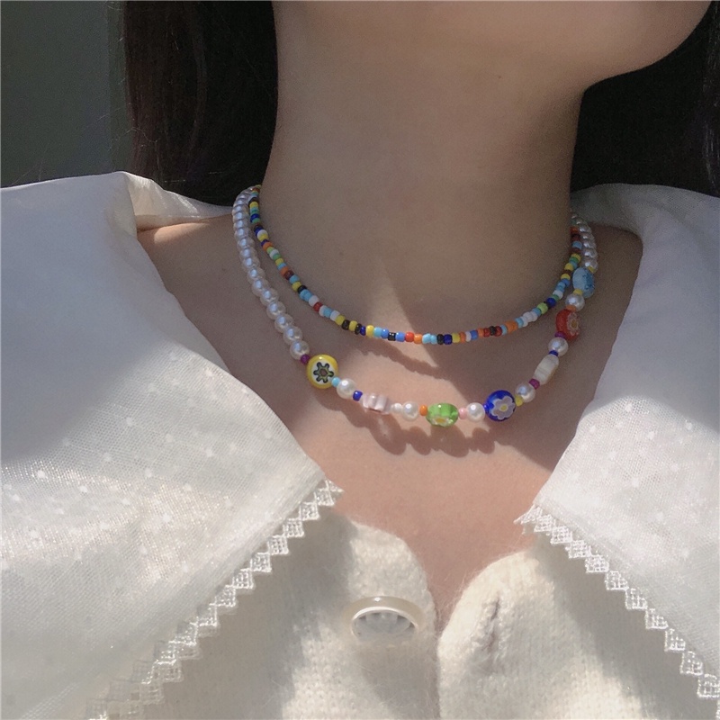 Fashion Colorful Seed Beads Necklace Pearl Flower Choker Necklaces for Women Jewelry Accessories