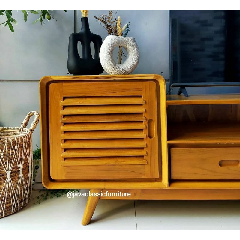 BUFET CABINET TV RETRO MINIMALIS VINTAGE PANJANG 2 METER BAHAN KAYU JATI GRADE A BUFFET DRAWER PAJANGAN RUANG TAMU KELUARGA MURAH FINISHING NATURAL FURNITURE JEPARA-5