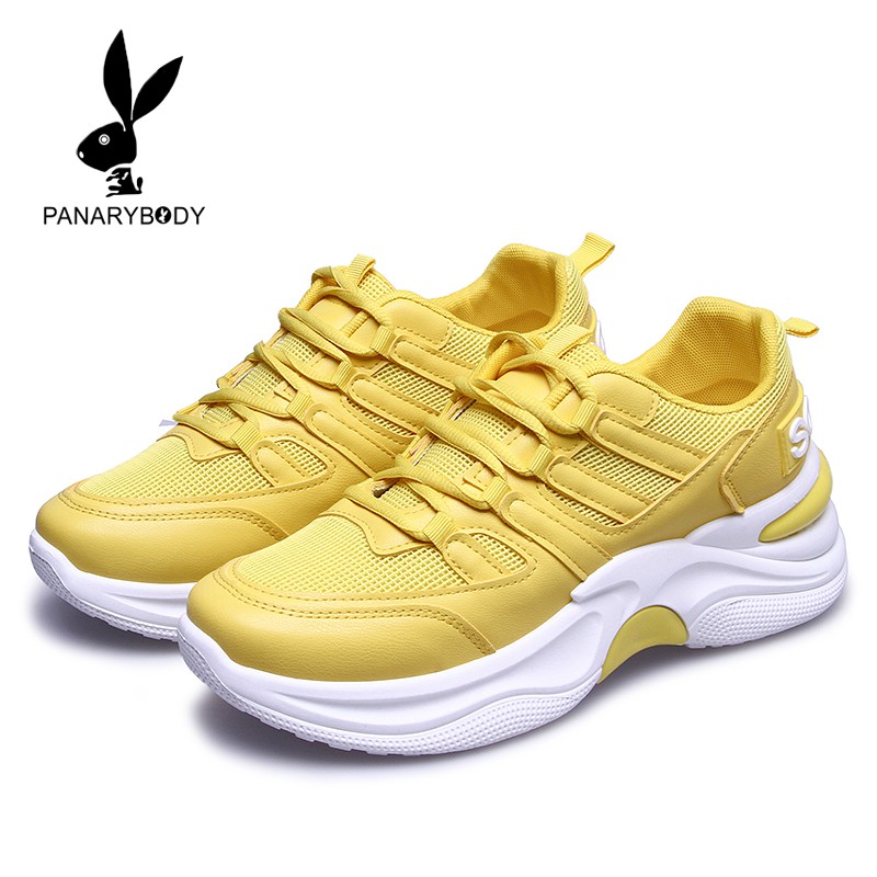 Sepatu Sport Wanita Sepatu Sneakers Wanita Model Sepatu Sport Casual Korea Bahan Kulit PU Kuning