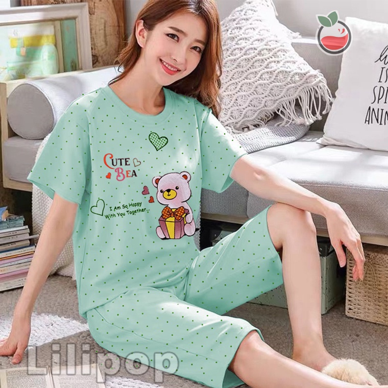 Lilipop.id  Baju Tidur Wanita 3/4 ALL SIZE STANDAR Cute Bear Setelan Piyama BabyDoll Kaos Celana Pendek