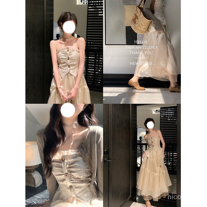 Nico##FAHUA Gaya Perancis Tabung Atas Gaun untuk Wanita Musim Panas Niche Rasa Desain Tulle Rok Tinggi Tem