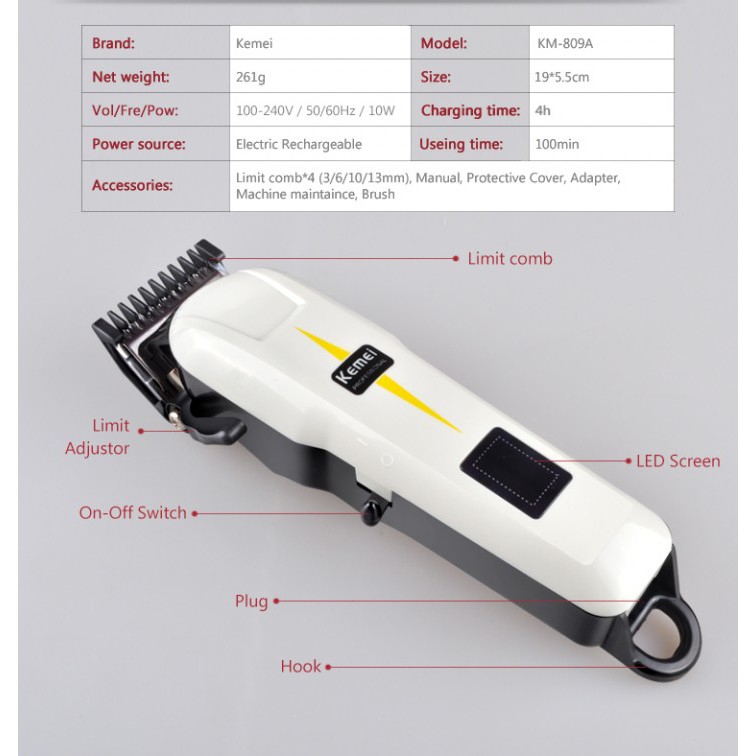 KEMEI KM-809A Electric Rechargeable Hair Trimmer with LCD Screen