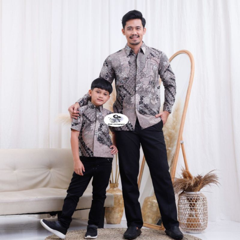 Batik Pria Couple Batik Ayah dan Anak Laki Laki Kemeja Batik Anak Cowok Motif Albar Warna Ungu Mauve