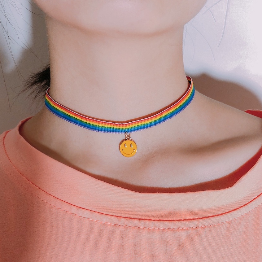 Rainbow Color Retro Ribbon Trendy Moon Smiley Face Pendant Clavicle Chain Girlfriend Necklace 210807