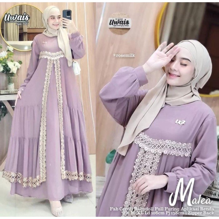 GAMIS WANITA MALEA DRESS BO KAIN CERUTY BABYDOLL FULL FURING APLIKASI RENDA LD 110 CM PB 138 CM GAMIS WANITA TERBARU 2023 KEKINIAN / MAXI DRES WANITA FASHION MUSLIM / DRESS CERUTY WANITA WARNA HITAM , GREEN , DUSTY