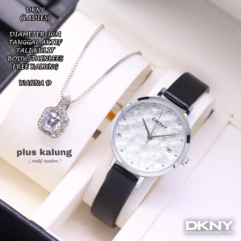 JAM TANGAN WANITA DKNY TALI KULIT BODY BULAT TANGGAL AKTIF FREE KALUNG