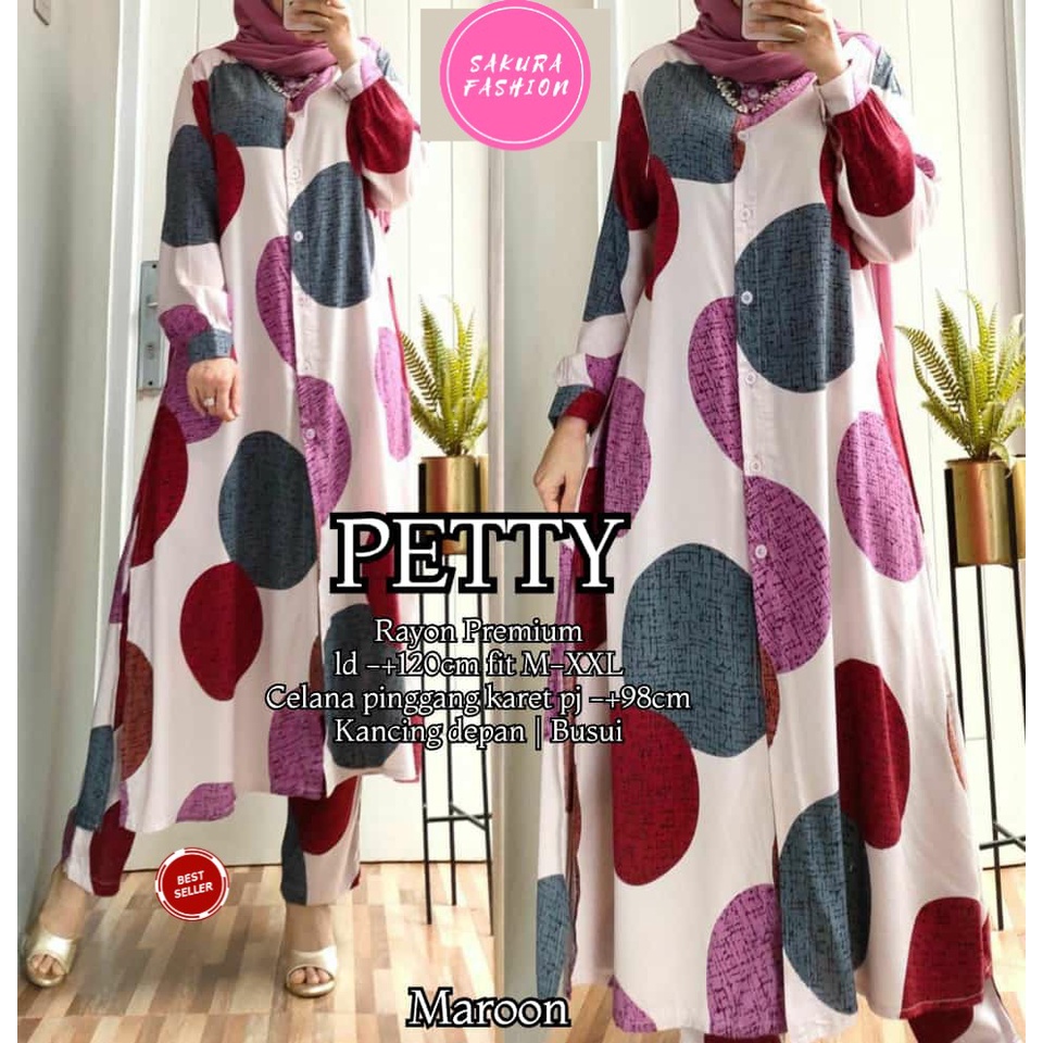PETTY SET/SETELAN WANITA MUSLIM/ONE SET TUNIK CELANA POLKADOT/SETCEL BAJU CASUAL/BAHAN RAYON PREMIUM