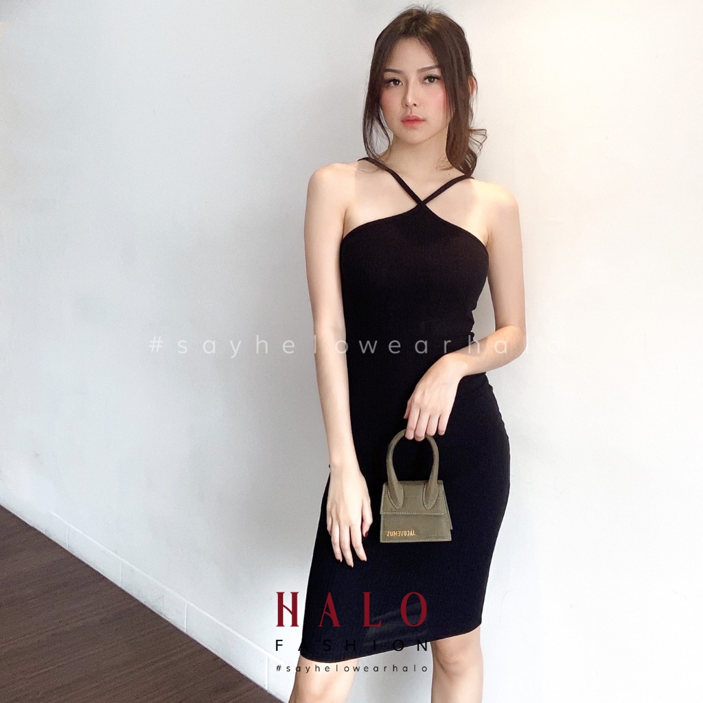 [HaloFashion] Jisoo Sexy Bodycon Dress Halter Dress Midi Dress Elegant Dress Korean Fashion-Black